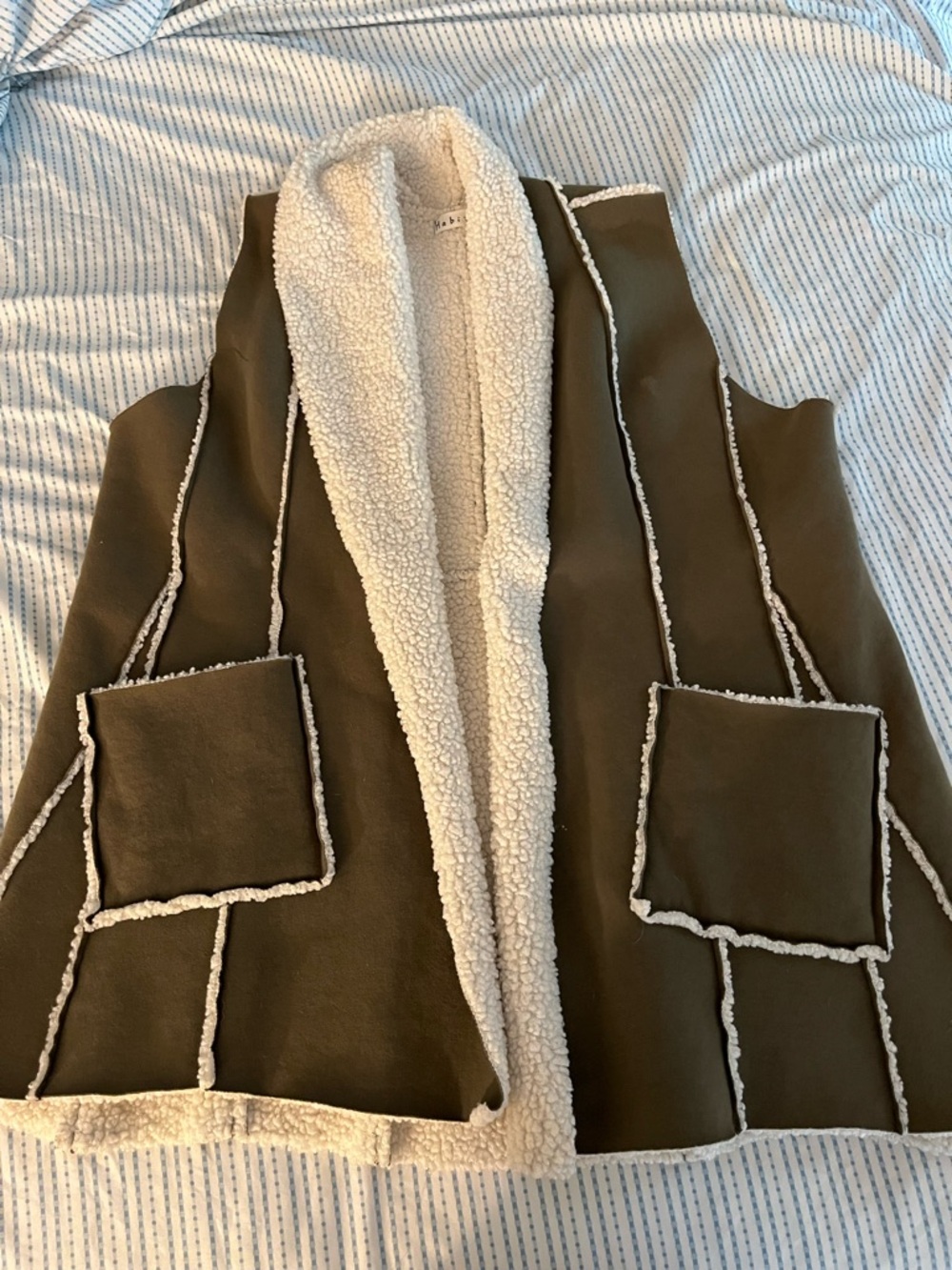 Olive Green Sherpa-Lined Faux-Suede Vest with Cream Trim
